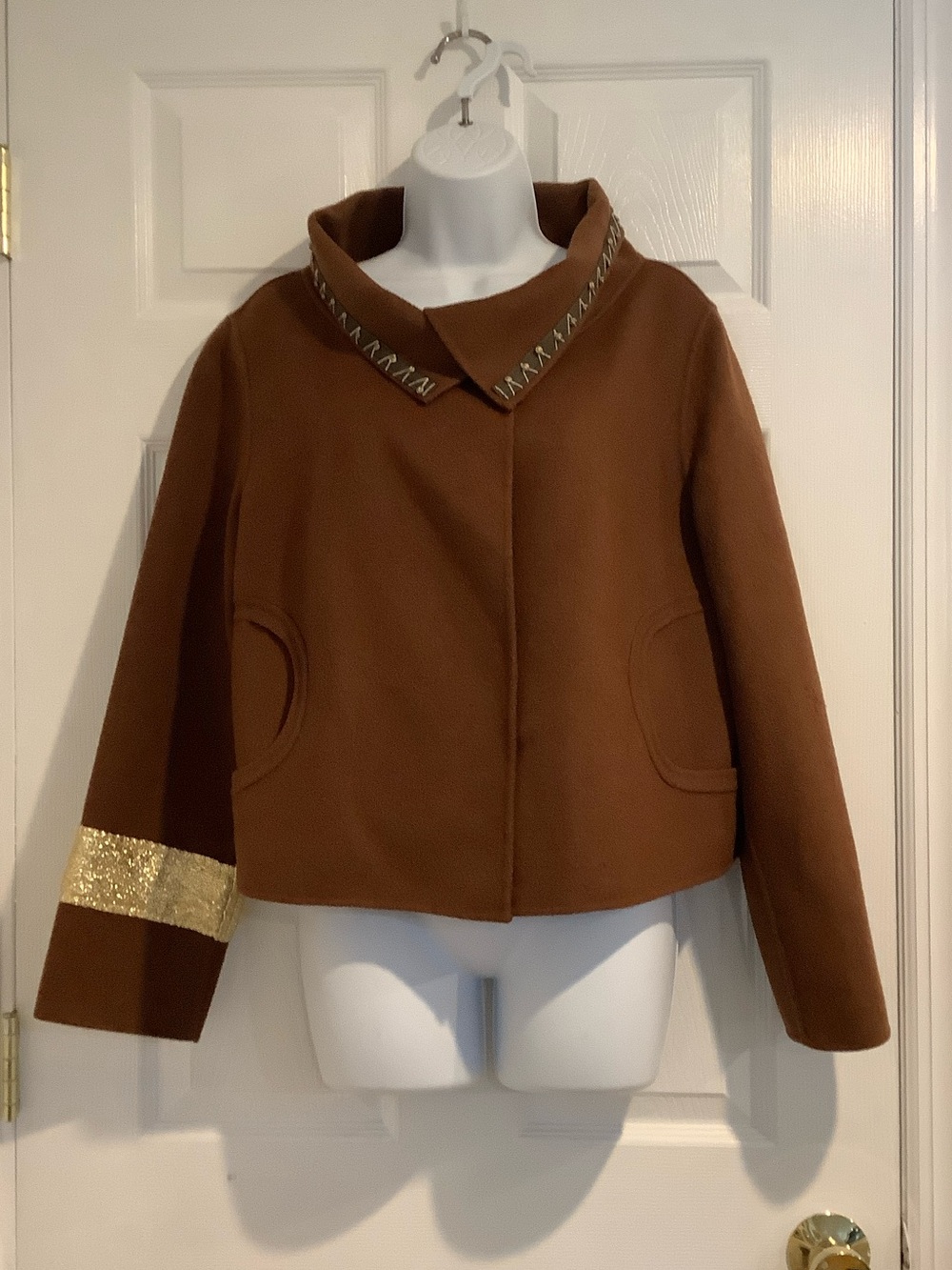 100% Wool Brown Oversized Funky Artsy Boho Eclectic Wide Neck Fall Winter Coat S